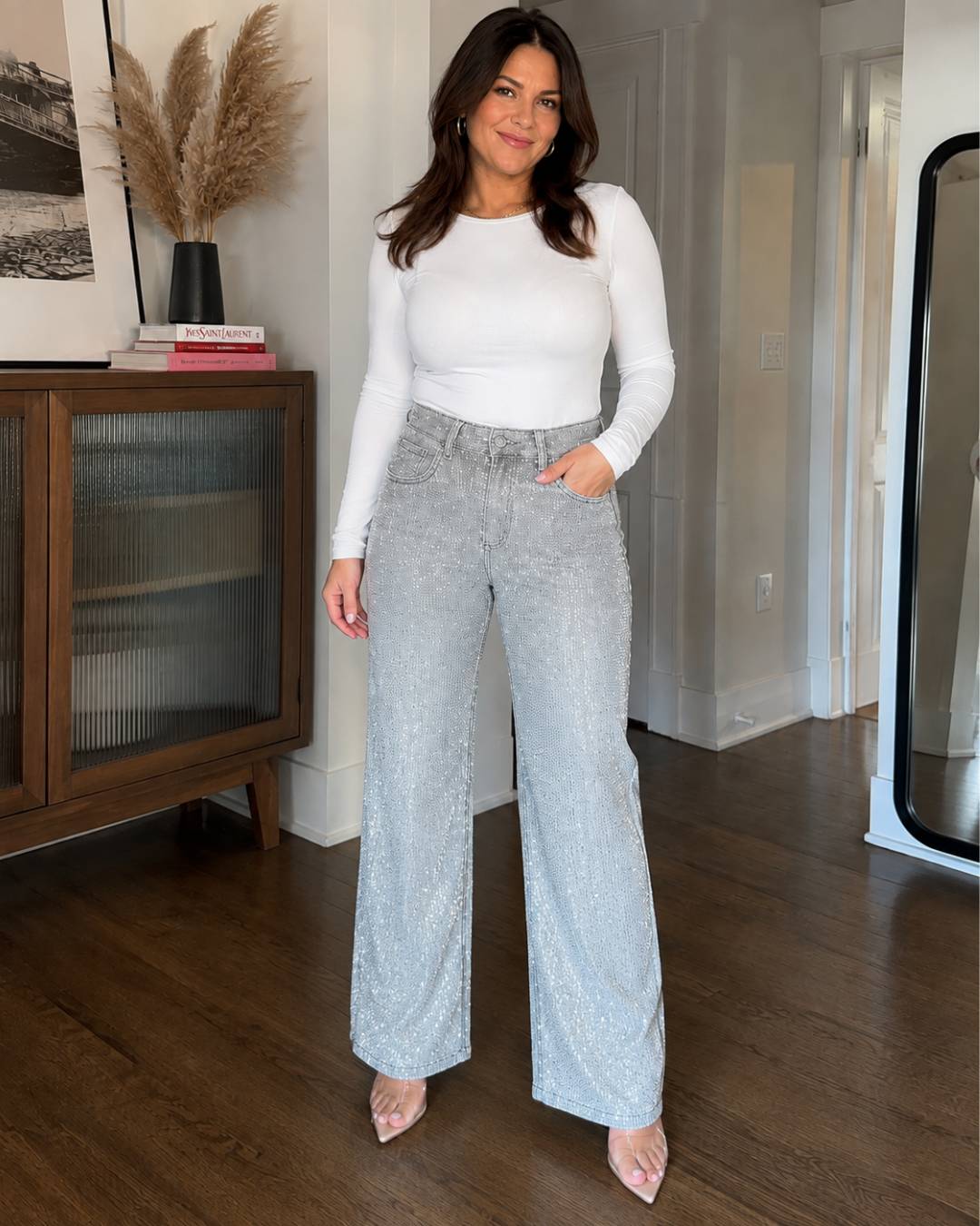Pantalón estilo Vaqueros de Pierna Ancha con Diamante®