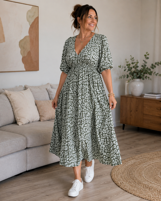 Vestido Estampado de Temporada con Cuello en V