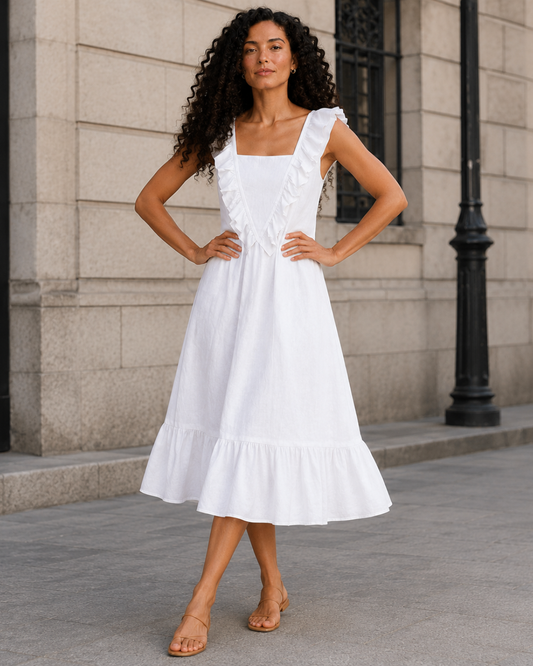 Vestido Midi con Volantes y Escote Cuadrado