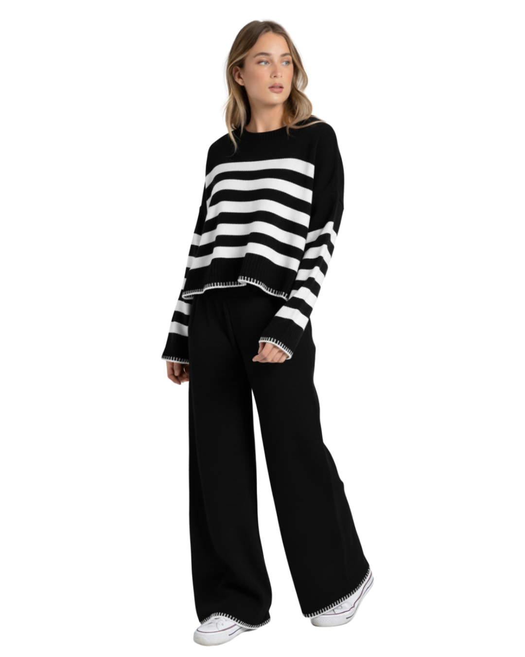 Conjunto de punto suave con rayas para mujer