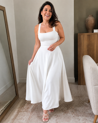 Vestido Midi de Tirantes con Cintura Marcada y Falda Evasé®