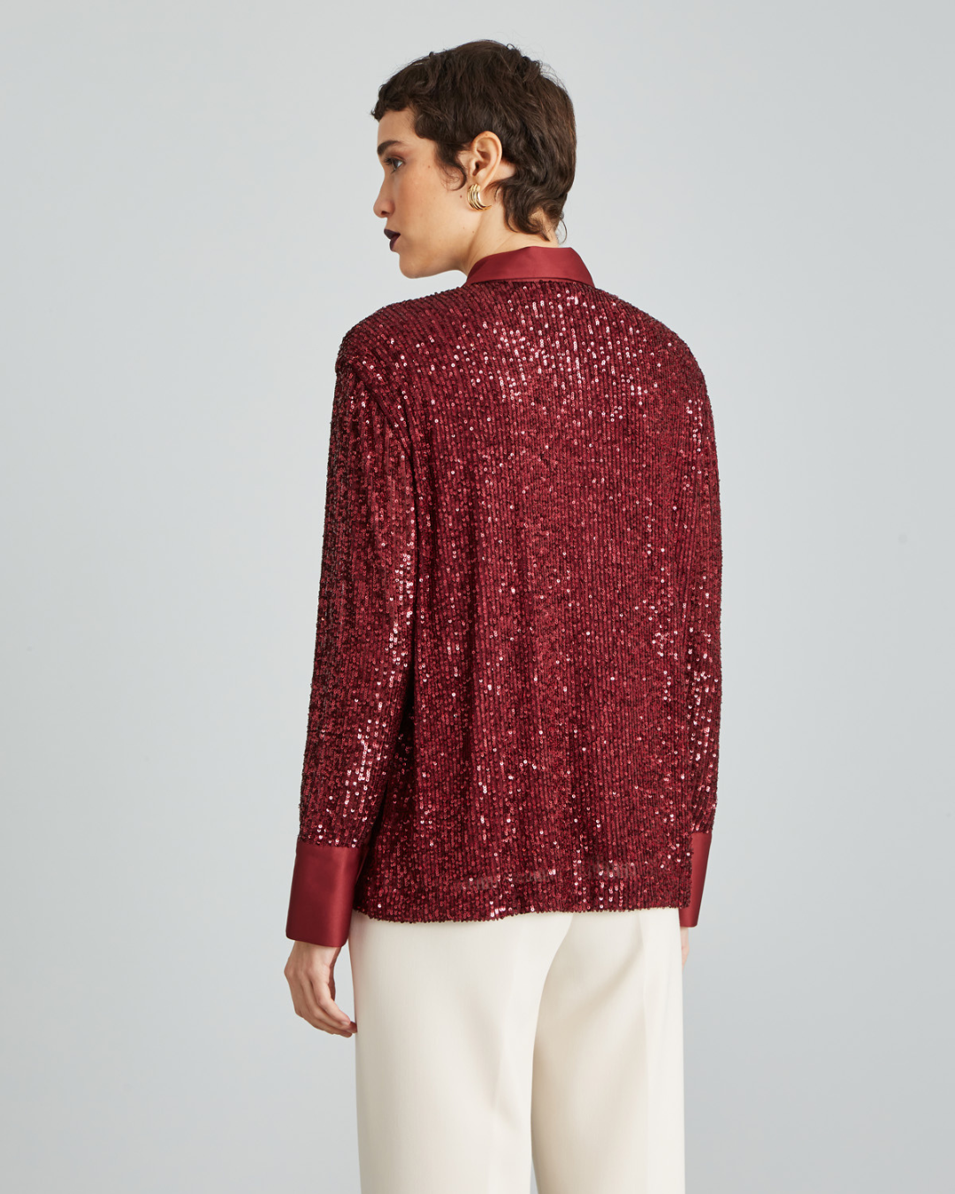 Camisa de Fiesta con Cuello y Lentejuelas de Purpurina para Mujer