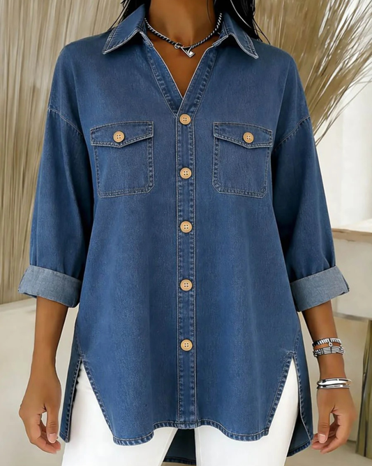 Camisa de Mezclilla con Corte Holgado y Manga Larga Para Mujer