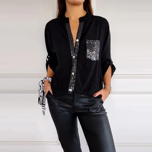 Camisa casual de Manga Larga para Mujer con Bolsillo y Detalles de Lentejuelas®