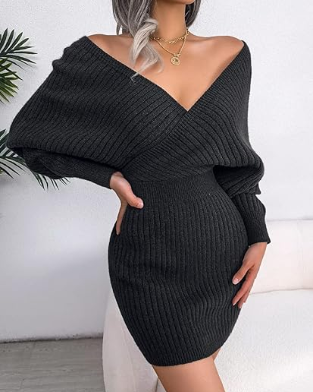 Vestido de Punto de Manga Larga con Elegante Escote en V®