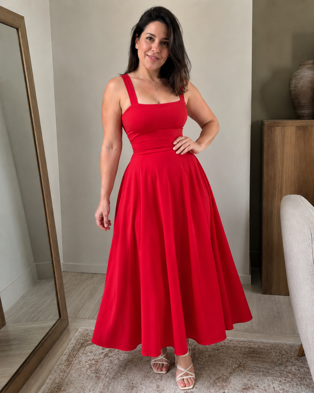 Vestido Midi de Tirantes con Cintura Marcada y Falda Evasé®