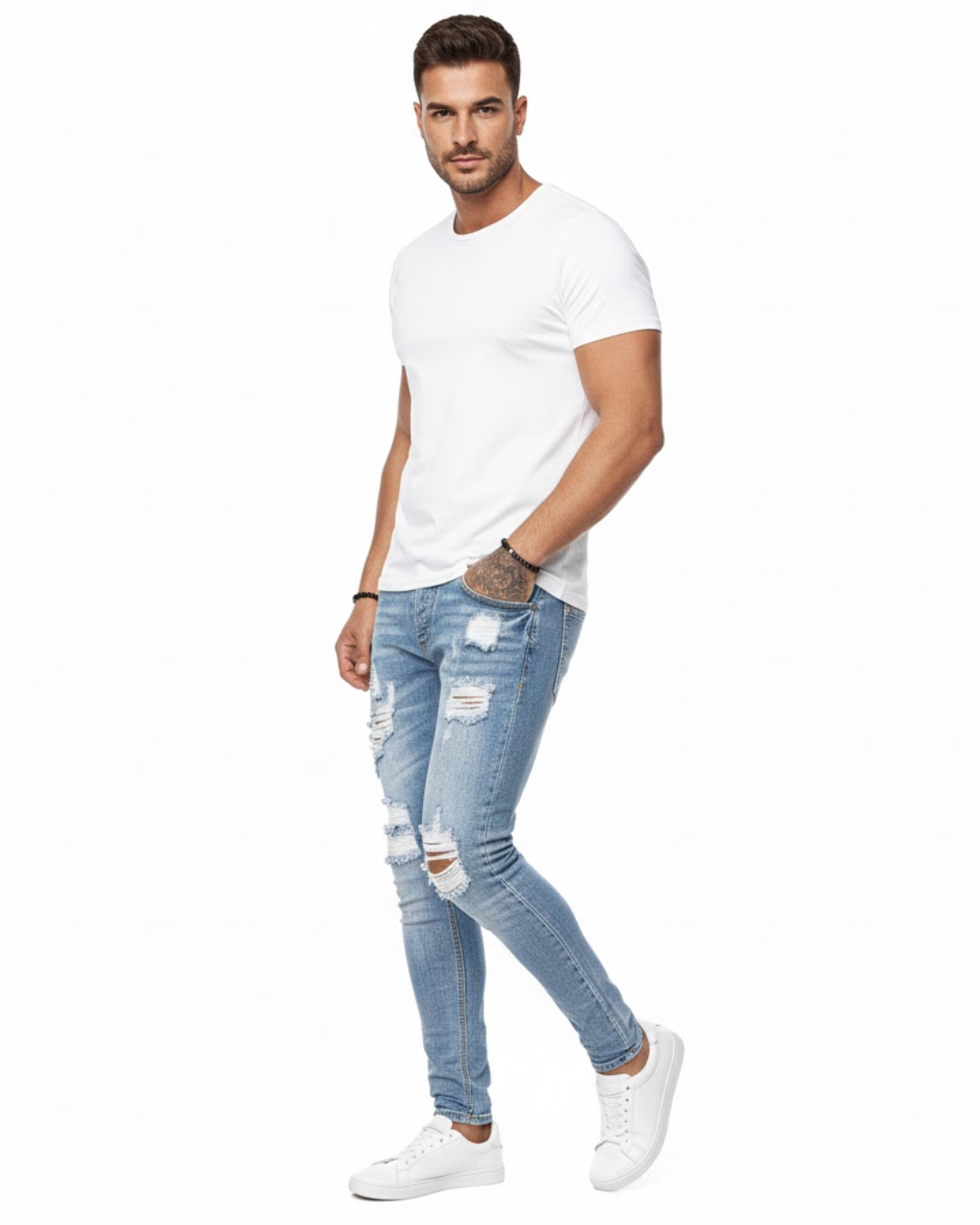 Jeans Skinny con Roturas de Estilo Urbano Para Hombre
