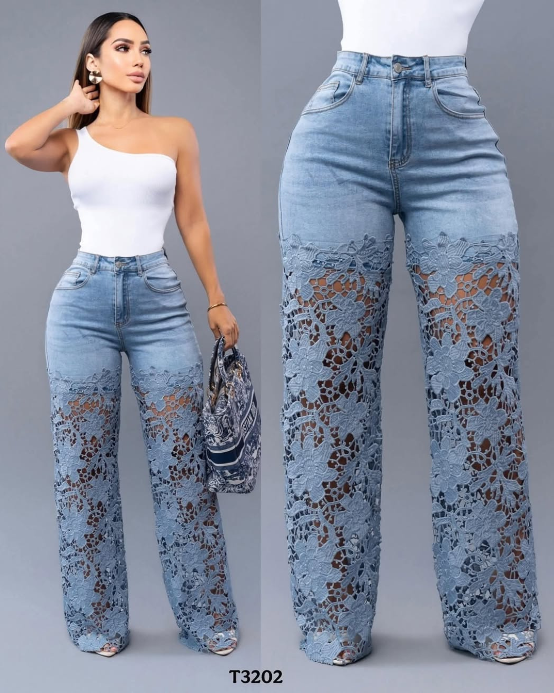 Pantalón de jean para mujer con encaje floral en las piernas®
