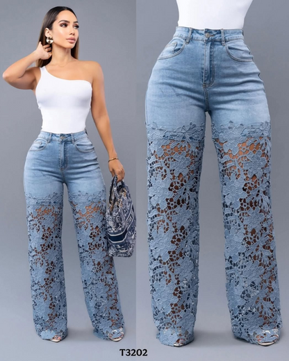 Pantalón de jean para mujer con encaje floral en las piernas®