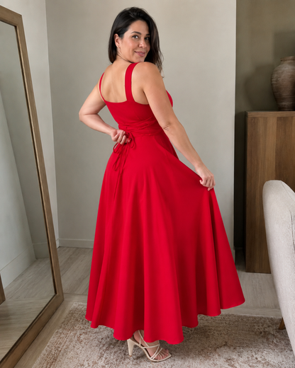 Vestido Midi de Tirantes con Cintura Marcada y Falda Evasé®
