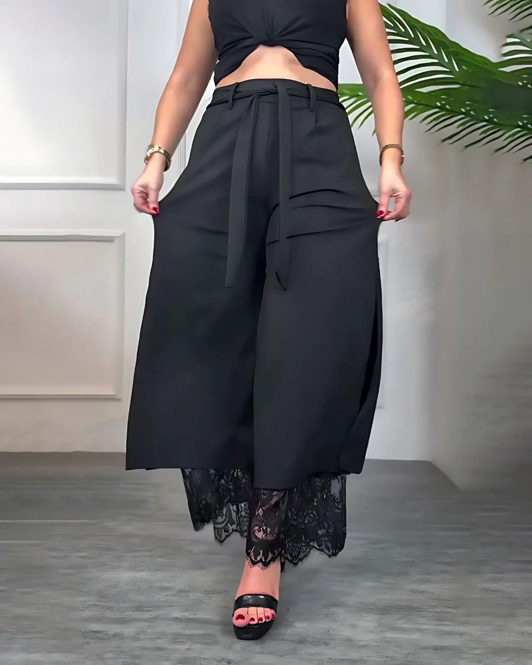 Pantalón de Lino con Bordado Floral Elegante