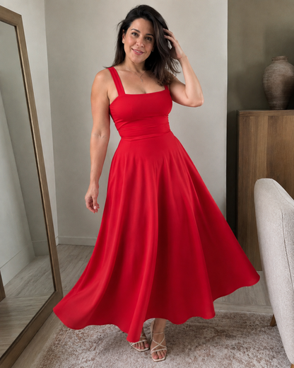 Vestido Midi de Tirantes con Cintura Marcada y Falda Evasé®