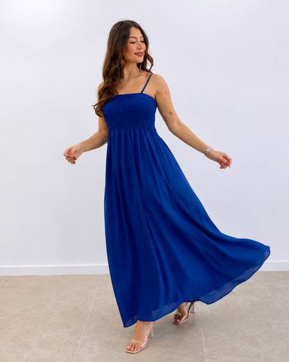 Vestido Largo Fluido con Cuerpo Fruncido