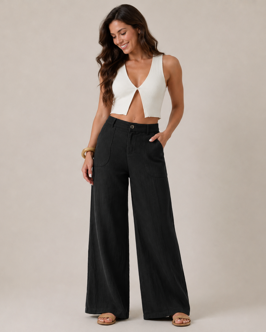 Pantalón Palazzo de Lino con Bolsillos