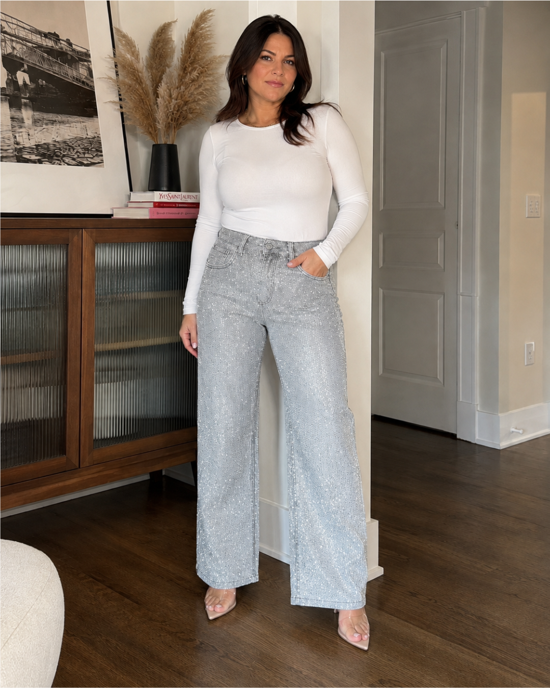 Pantalón estilo Vaqueros de Pierna Ancha con Diamante®